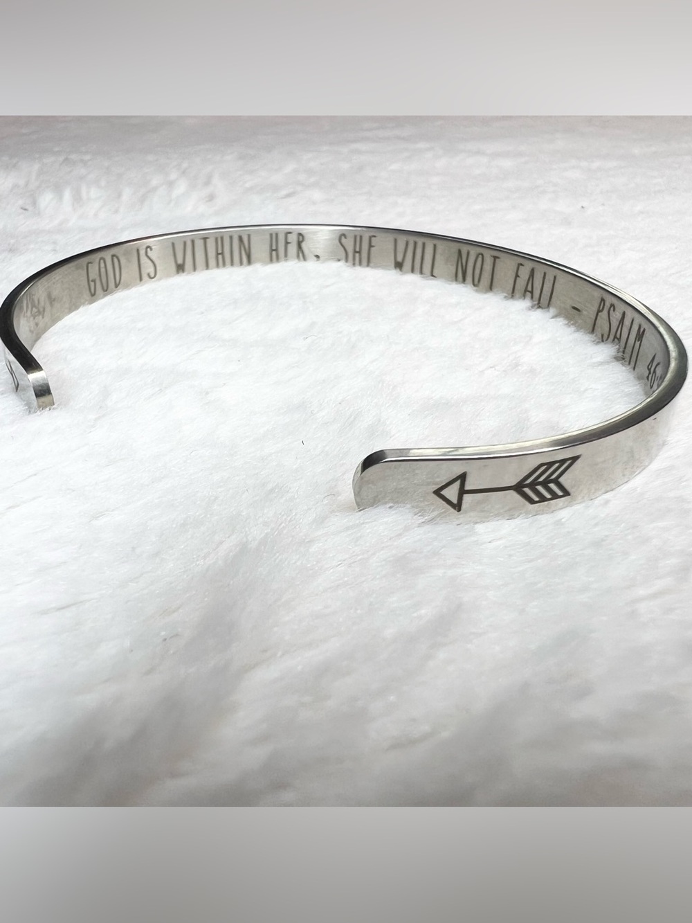 “God is within her. She will not fail.” Silver Tone Arrow Engraved Cuff Bracelet